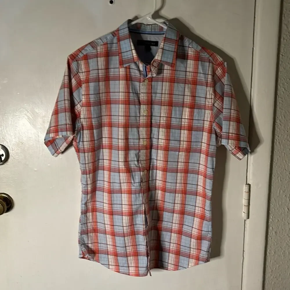 Banana Republic Plaid Blue/Orange Short Sleeve Top S Preppy Casual Academia Twee